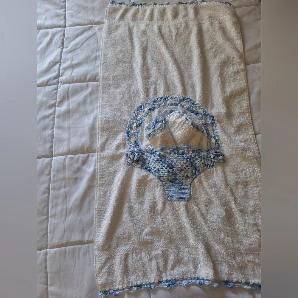 Hand Crafted Cream Bath Towel with Blue Crochet Basket Accent